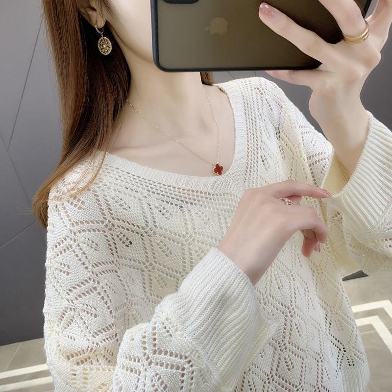 

Early spring new hollow sweater women s loose large size collar inside with thin knitted bottoming shirt outside XXXL