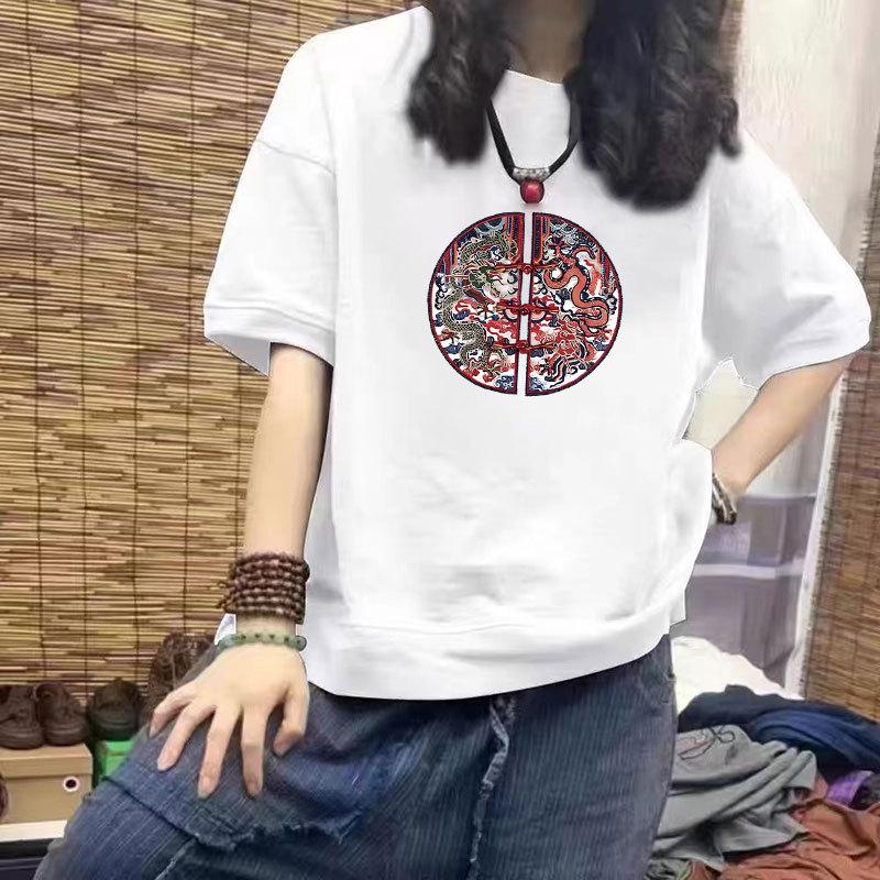 

Женская повседневная футболка из 100% хлопка с коротким рукавом - Новый свободный, приталенный дизайн, рукав до локтя, большой размер, модный принт L for 100-120 jin