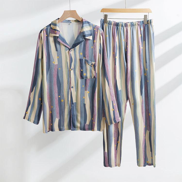 Spring and summer new retro oil painting striped pajamas couple casual loose short-sleeved trousers set loungewear