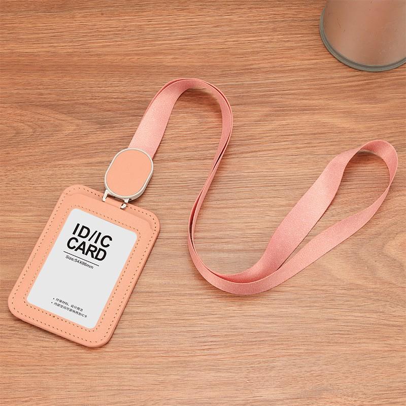 Durable Leather ID Card Holder with Retractable Lanyard, Waterproof, Dual-Orientation Use
