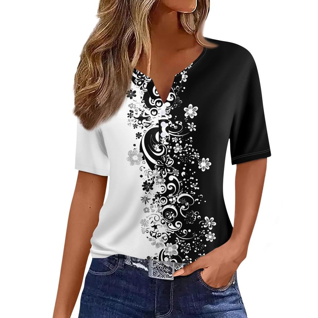 Women's T Shirt Print Button Short Sleeve Daily Weekend Fashion Basic V- Neck Regular Top