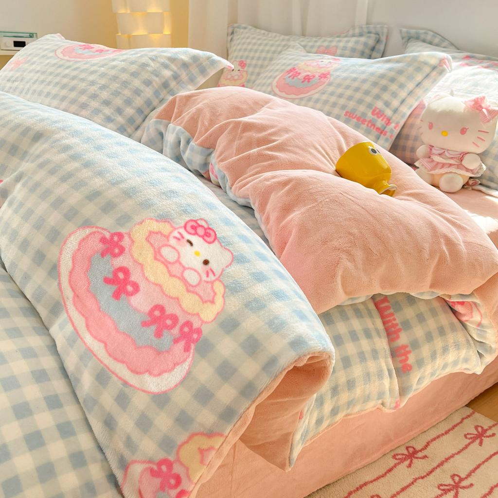 Verdicktes Milchfleece Vierteiliges Set Mädchenherz Korallenfleece Bettlaken Bettbezug Bettwäsche Fleece Bettbezug