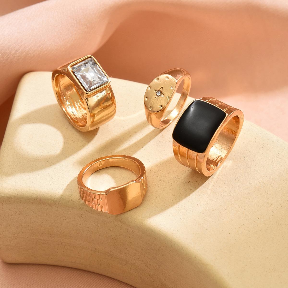

New octagram diamond ring set female simple diamond set black dripping glossy metal ring