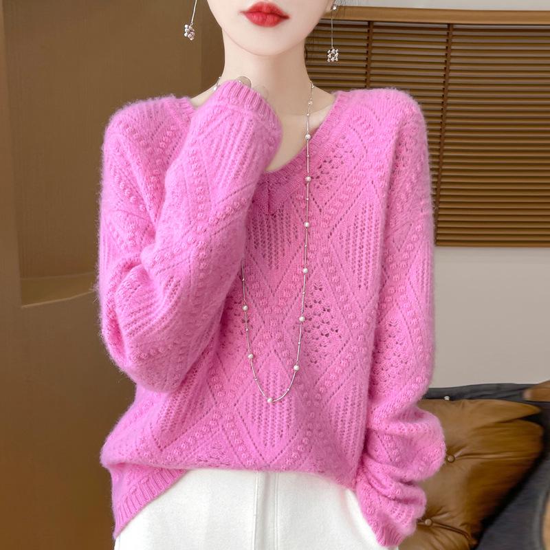 2024 Autumn/Winter Pure Wool V-Neck Loose Fit Women's Sweater with Hollow Diamond Cable Knit Design