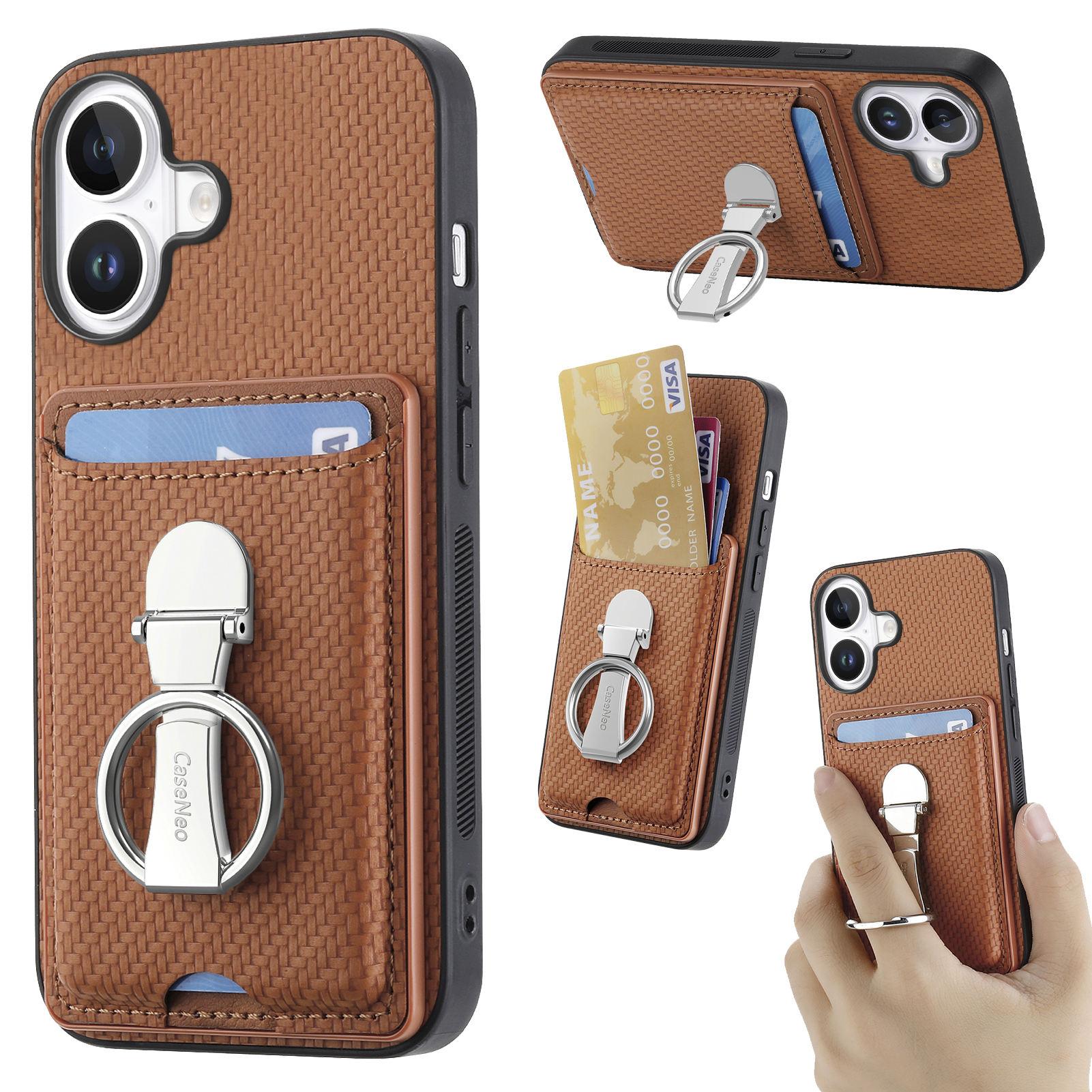 

C1-9 For iPhone 16 Case Kickstand Leather Card Slots Back Cover Carbon Fiber Texture Brown