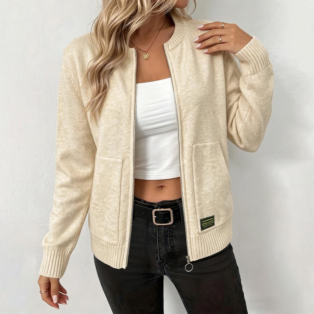 Women's Color Zip-Up Knit Cardigan with Collar and Two Pockets
