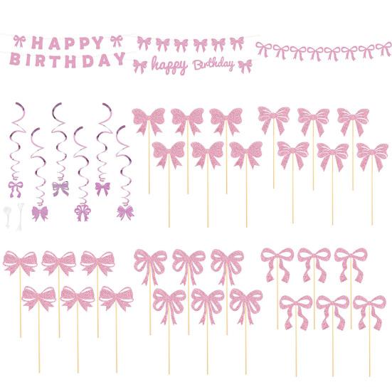 Dekorační sada na tématickou párty Mašle Růžový třásňový banner Toppery na dort Zlaté třpytivé spirálové závěsné ozdoby Dekorace na narozeninovou oslavu pro dívky