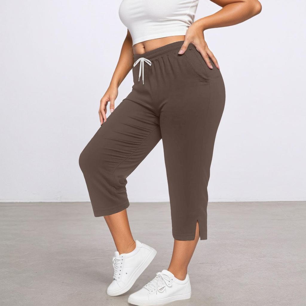 Women's Cropped Pants Casual Drawstring Waist Loose Yoga Sports Pants With Pocket Cuff Slitted Sports Pants
