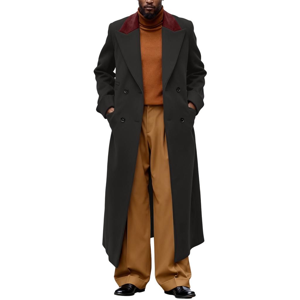 Men's British Solid Color Long Coat Fashionable Warm Woolen Overcoat