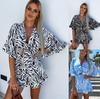 Summer Zebra Print V-Neck Ruffle Sleeve Jumpsuit with Tie Waist and High Waist Shorts