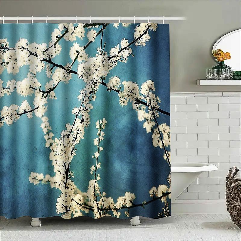 Květinový sprchový závěs Botanická modrá Příroda Rostlina Květ Koupelnová dekorace Vintage Selský styl Rustikální Vodotěsný Moderní bytový textil