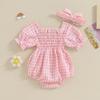 Baby Girl 2Pcs Spring Outfits Short Sleeve Plaid Print Smocked Romper with Headband Set Infant Clothes