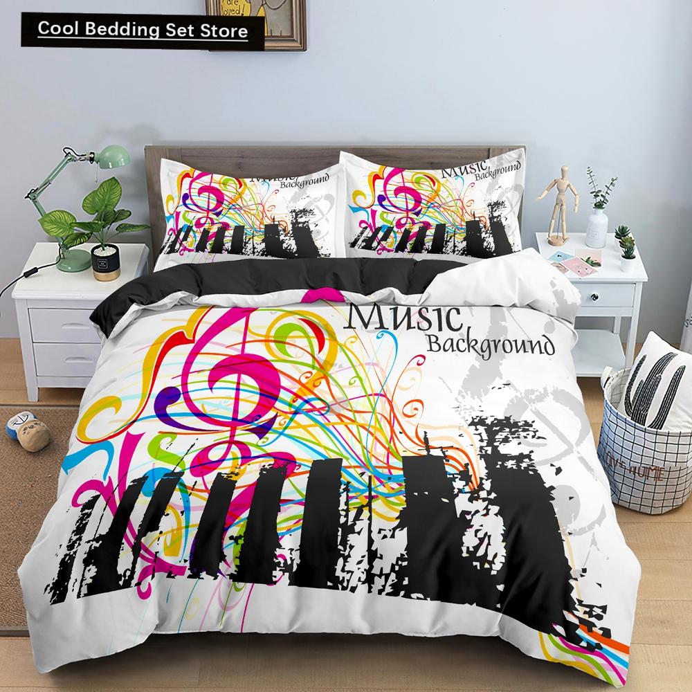 Piano Music King Queen Duvet Cover Musical Notes Bedding Set For Kids Teens Girls Black And White Piano Keys 2/3Pcs Quilt Cover