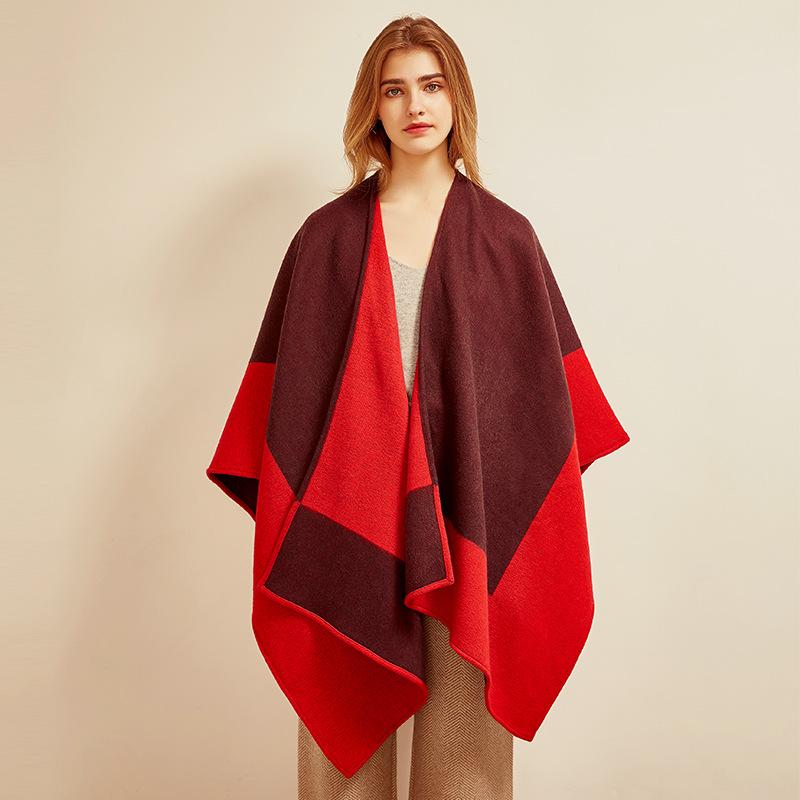 

Outdoor Cloak Cloak Medium and Long Autumn and Winter Double-sided Two-Color Splicing Shawl Wool Jacquard Scarf бордовий