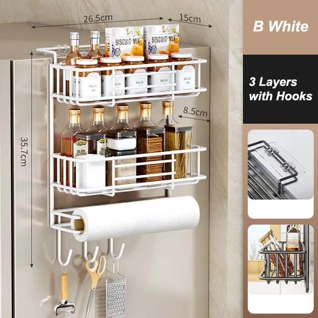 Kitchen Refrigerator Side Shelf Mmulti-functional Plastic Wrap Spice Bottles Storage Rack Kitchen Paper Tube Hanging Shelf