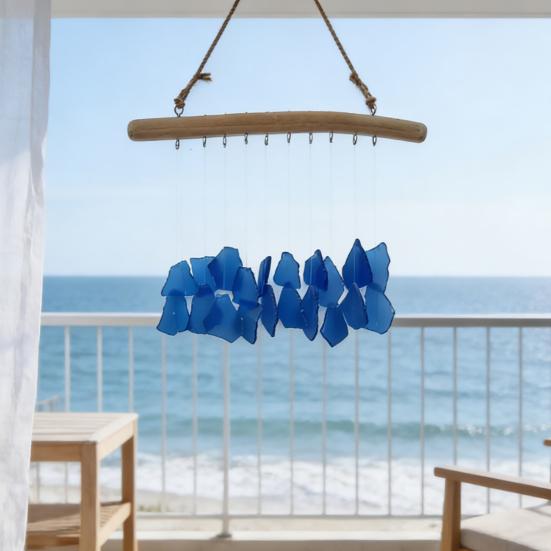 Sea Glass Wind Chime for Outside Handmade Coastal Style Blue Seaglass Art for Indoor Outdoor Garden Home Decor Housewarming Gift for Women