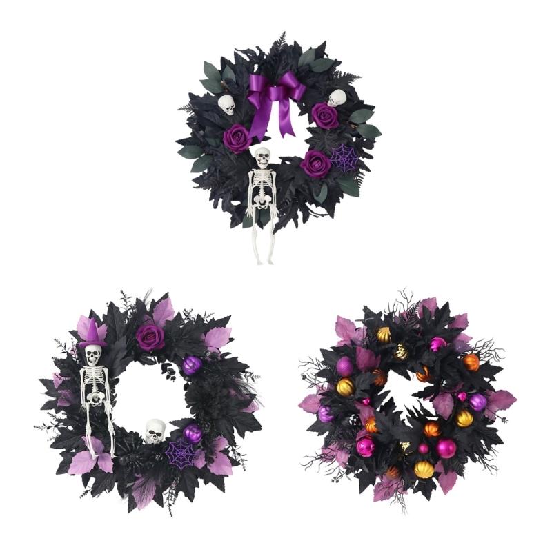 Halloween Front Door Wreath, Artificial Floral Wreath with Black Purpler Leaves Hanging Decoration for Front Door Entryway Wall
