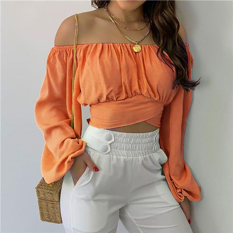 

European and American Sexy off-Shoulder Shoulder-Baring Tied Long Sleeves Short Top Shirt Women s Sexy Crop Blouse Top Orange color M