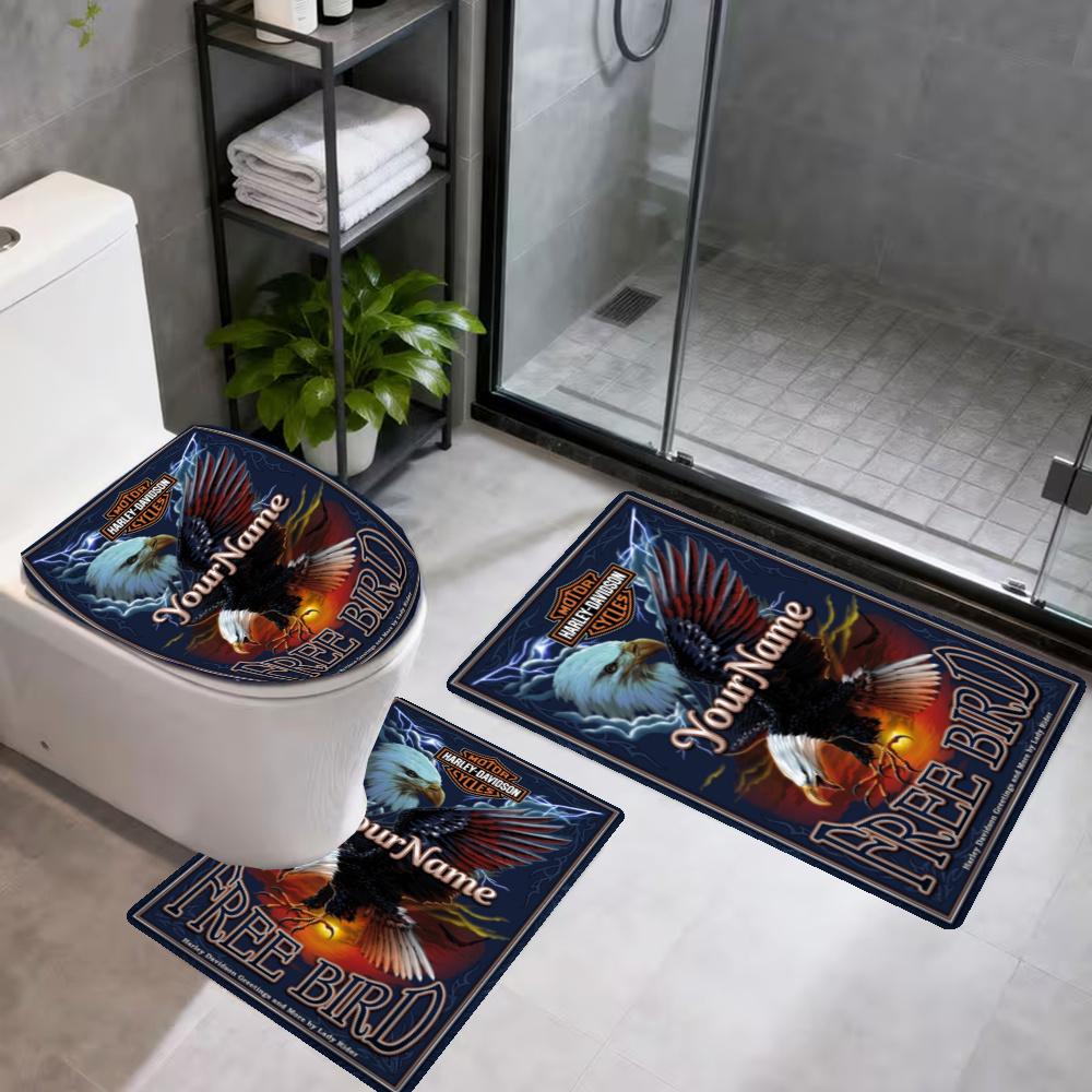 Harleydavidson Motorcycles Customize Your Name 3Pcs Bathroom Mat Set Toilet Lid Cover Ushaped Foot Mat Nonslip Floor Mat Decor For Bathroom