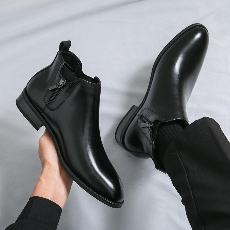 Fashion Fashion Brand Men's Autumn Comfortable Pointed Chelsea Leather Boots Retro Style Men's Side Zipper Breathable Casual Short Boots