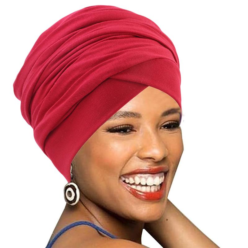 New Women Turban Head Wrap Turban Hat African Headband Hair Care Solid Color Cotton Turbante Long Tail Bonnet Hijab Caps Muslim