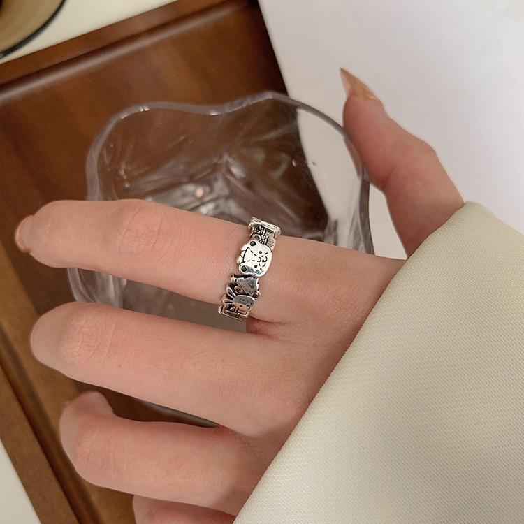 Graffiti Gingerbread Bear & Rabbit Open Ring - Women's Anime Cartoon Christmas Fashion Index Finger Accessory