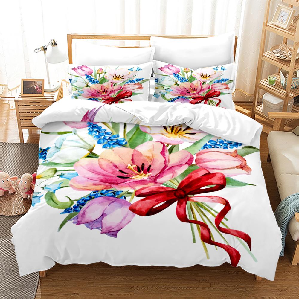 Floral Bedding Set 3D Printed Spring Fragrant Flowers Skin-Friendly King Queen Size Duvet Cover Set with Pillowcase for Girls