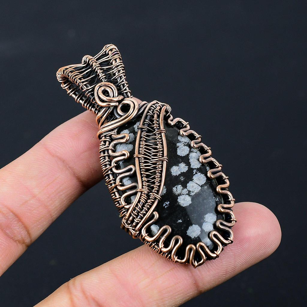 Schneeflocken-Obsidian-Edelstein, reiner Kupferdraht, umwickelt, handgefertigter Anhänger-Schmuck für Sie