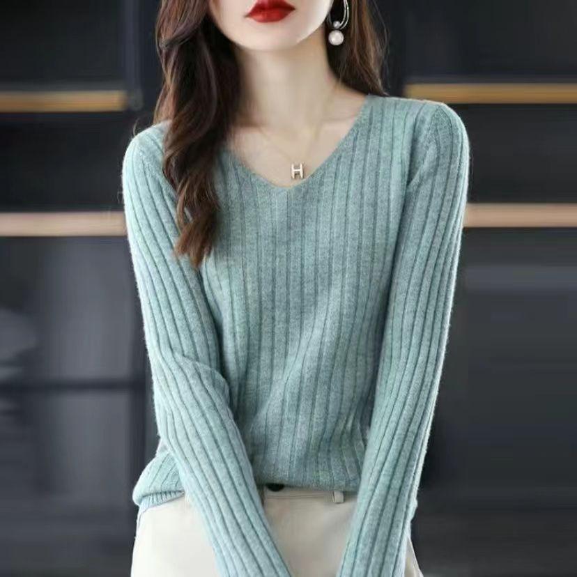 Maglione da Donna Girocollo a V Sottile Manica Lunga Primavera Autunno Sottogiacca Maglione Semplice ed Elegante Top Versatile