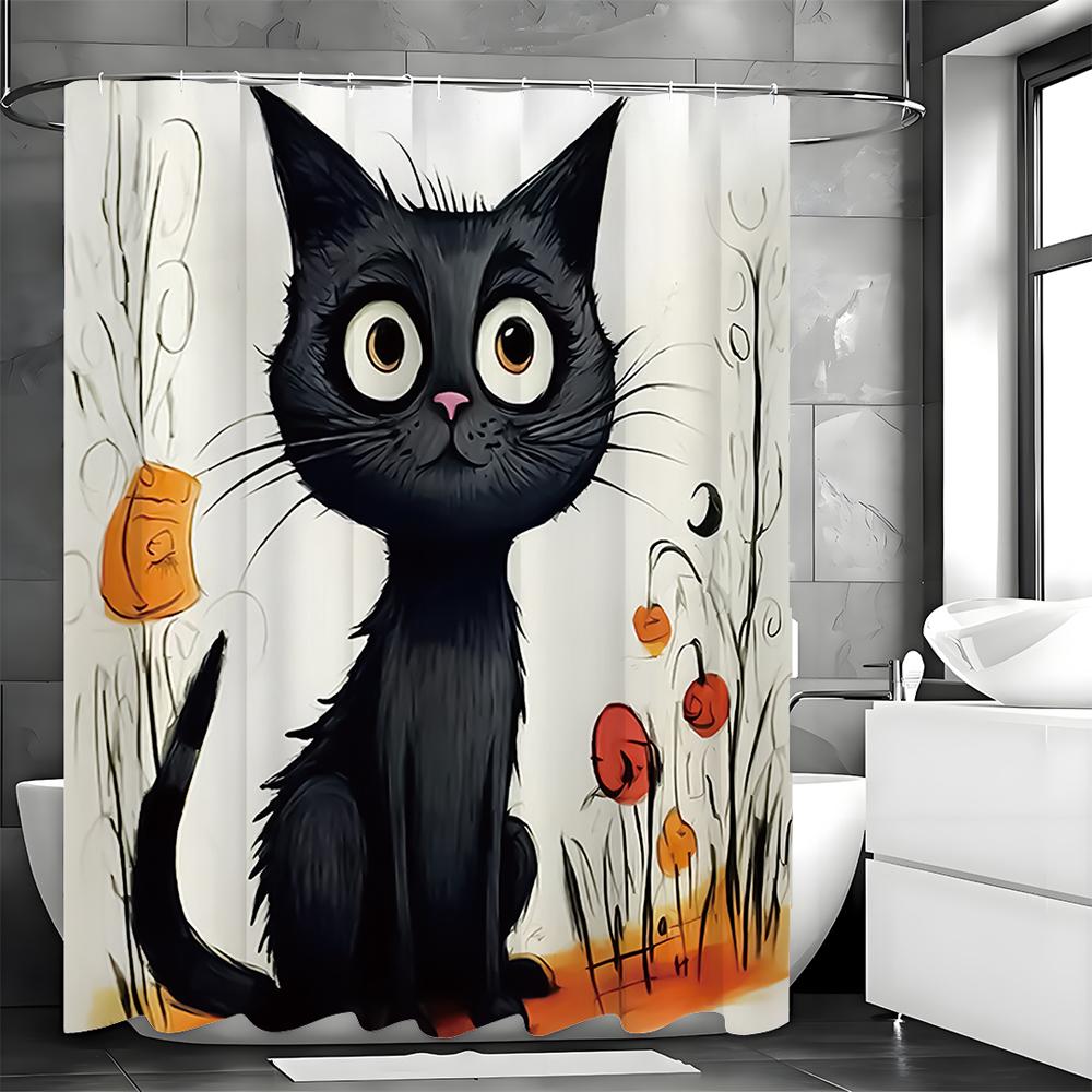 Cute Cartoon Black Cat Shower Curtain, Bathroom Decorative Shower Curtain, Waterproof Shower Curtain with Hooks