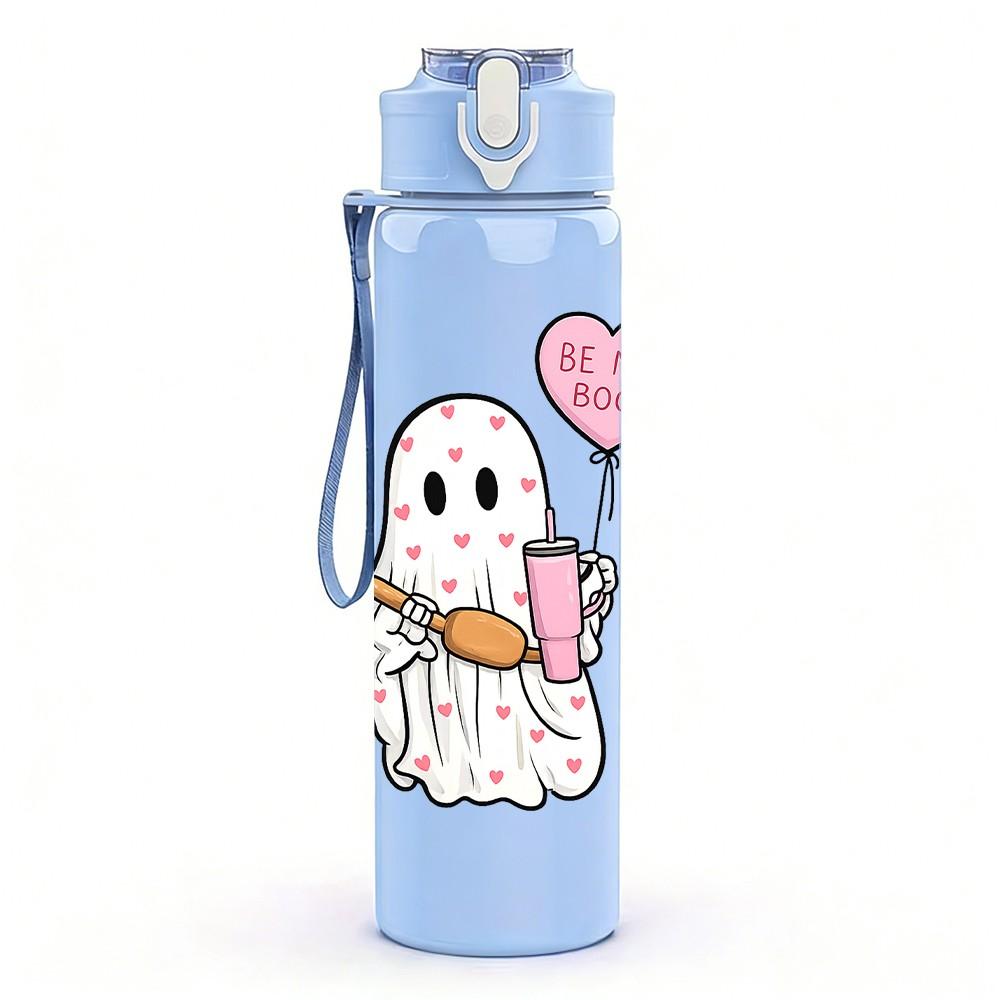 1PC Small Ghost Holding Pink Heart Print 750ml Color Plastic Sports Water Bottle Leakproof Flip Straw Lid Suitable for Sports Office Home Use