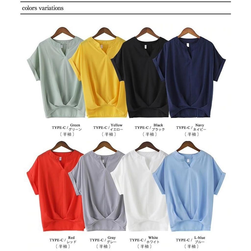 [1/2style] Nibunnoichi Style Blouse, Shirt, Tucked Hem, V-Neck Top, Short Sleeves, Skipper Top, Roll-Up, Office Wear, Women's (Gray, M)