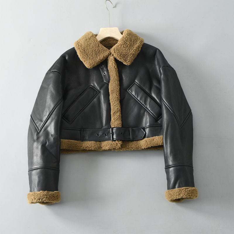 

Меховая интегрированная куртка-локомотив Осень и Зима Флисовая подкладка Ощущение частицы Свободный Красивый Короткий Западный стиль Приталенное Кожаное пальто Верхняя одежда Black S