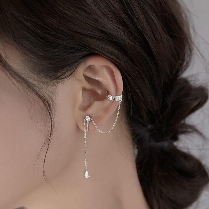 Fashion Simple Sliver Color Long Chain Tassel Ear Clip Earrings for Women Girls Without Piercing Ear Cuff Earrings Zircon Party
