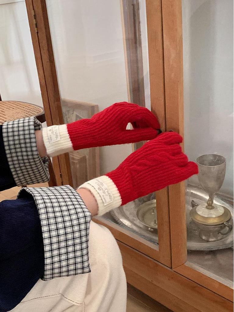 Women's Long Color Block Cable Knit Gloves for Autumn/Winter - Warm, Cold-Proof, Thickened Cycling Hand Protection