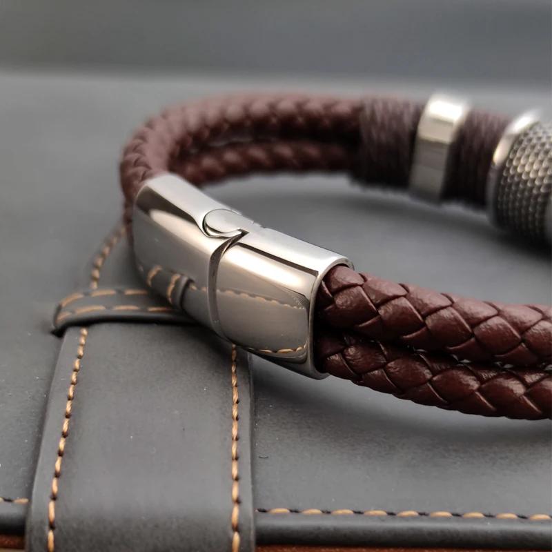 Luxury Vintage Brown Leather Men Bracelet Stainless Steel Bead Wrist Bangle Christmas Gifts for Him