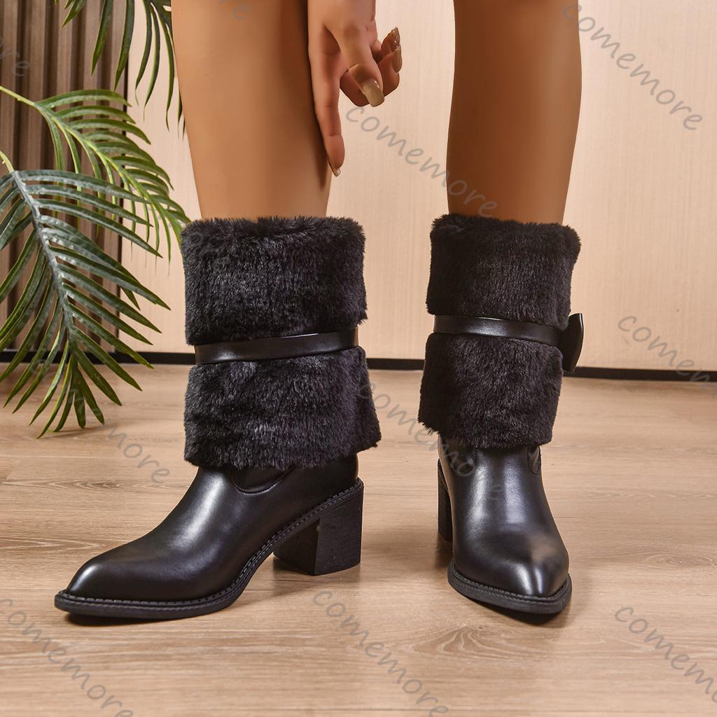 Comemore Autumn Winter New High-heeled Chunky Snow Boots Fur Warm Casual Bow Women Shoes Female Plush Mid-calf Boots