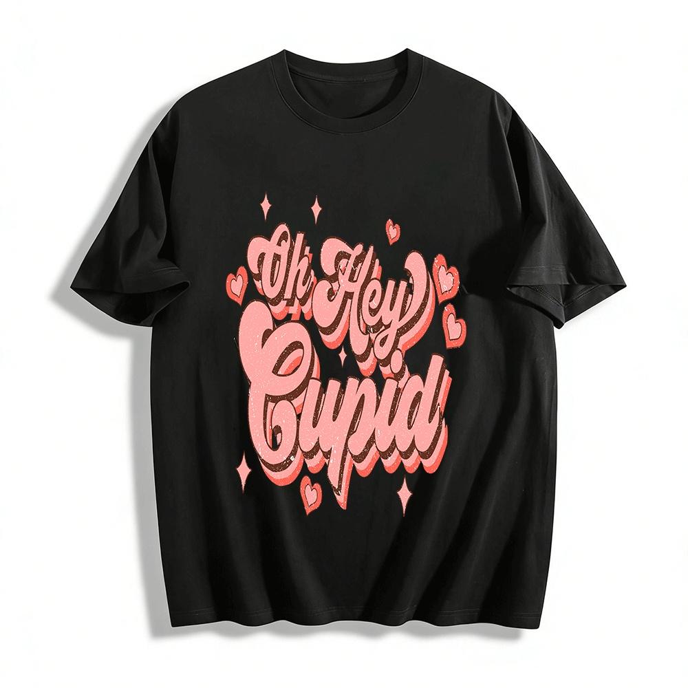 

Oh Hey Cupid Retro Style Heart Print Casual Valentine s Day Tee Pure cotton T-shirt XXS