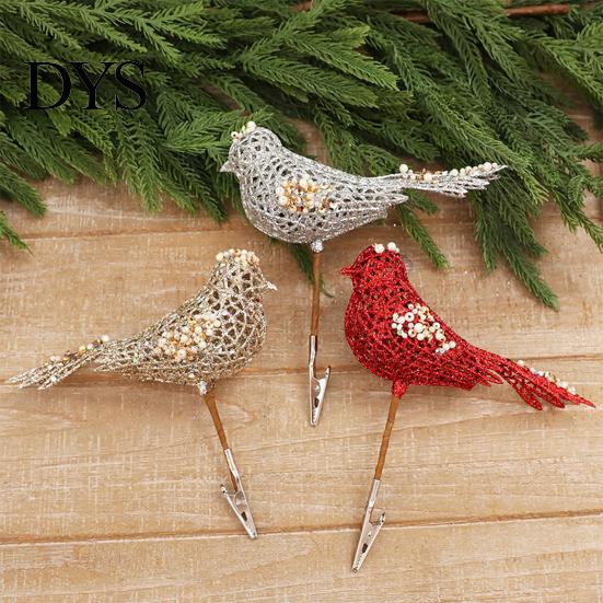 Gold Silver Red Bird Tree Ornaments Glitter Christmas Ornament with Metal Clip for Decoration, Sparkling Tabletop Floral Decor Figurine, Sequins