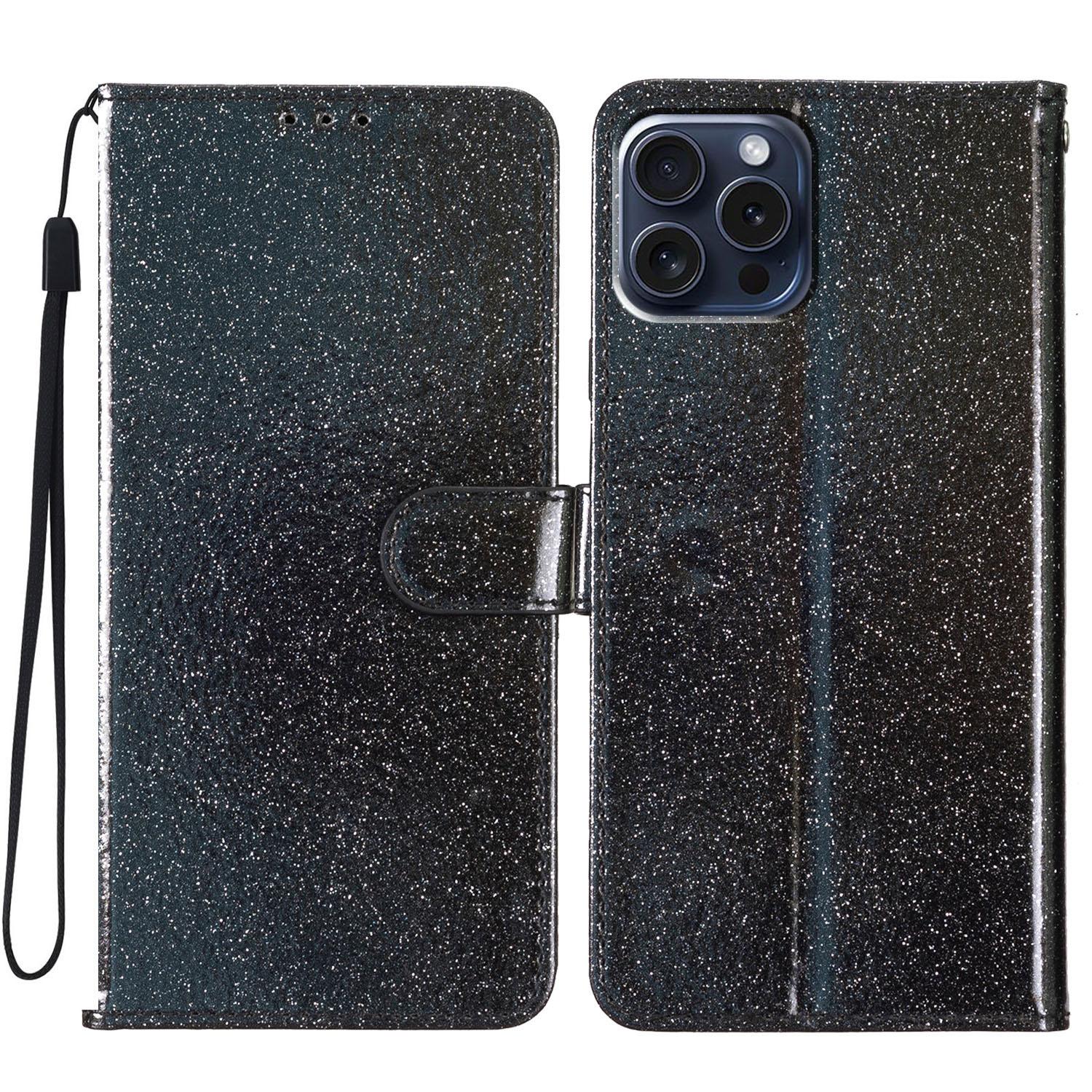 

For iPhone 16 Pro Max Case Stand Wallet Glitter Leather Phone Cover Black