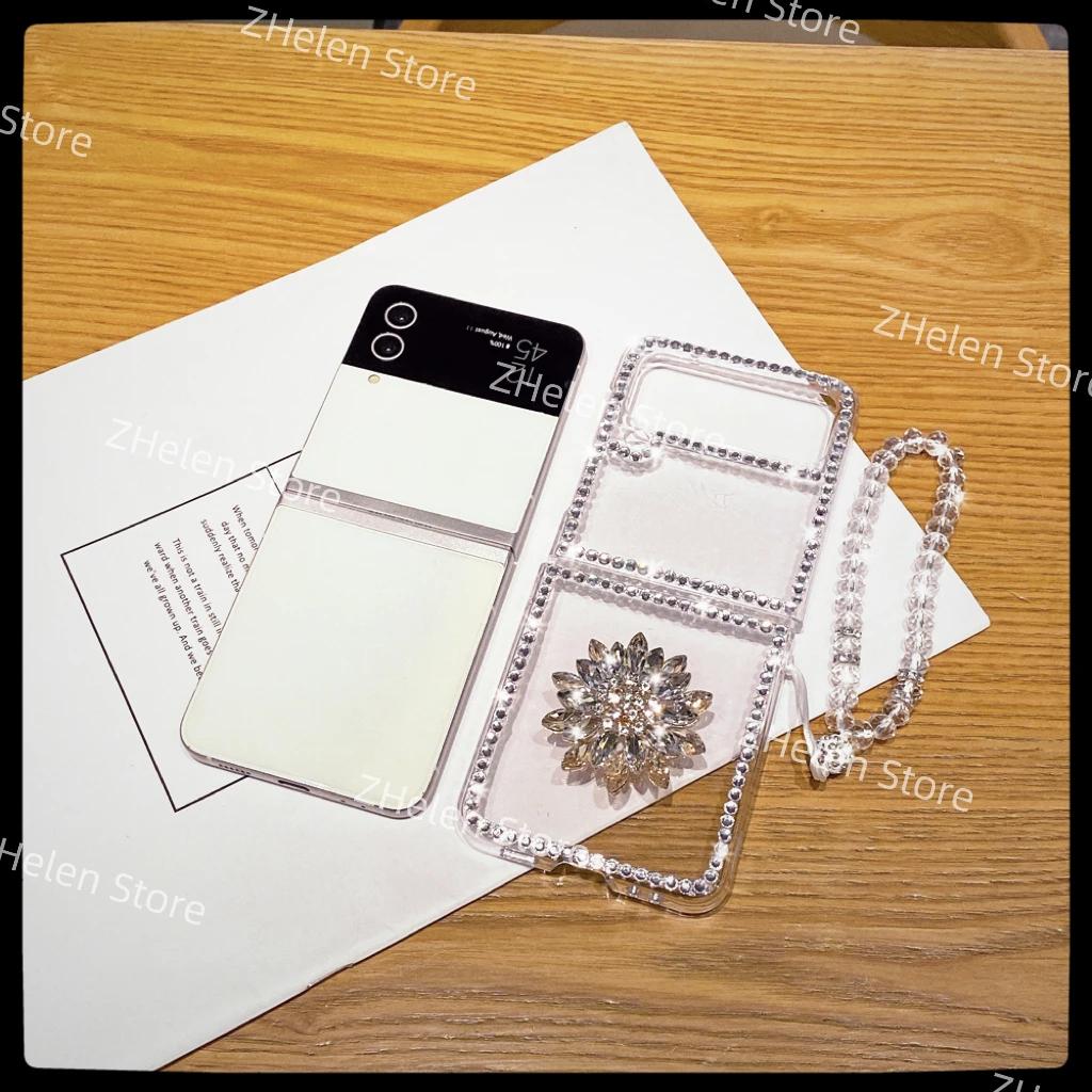 For Samsung Zflip 6 Handmade Diamonds Case With Chain Luxury Galaxy Z Flip 5 4 3 2 1 Removable Bracelet Clear Cover