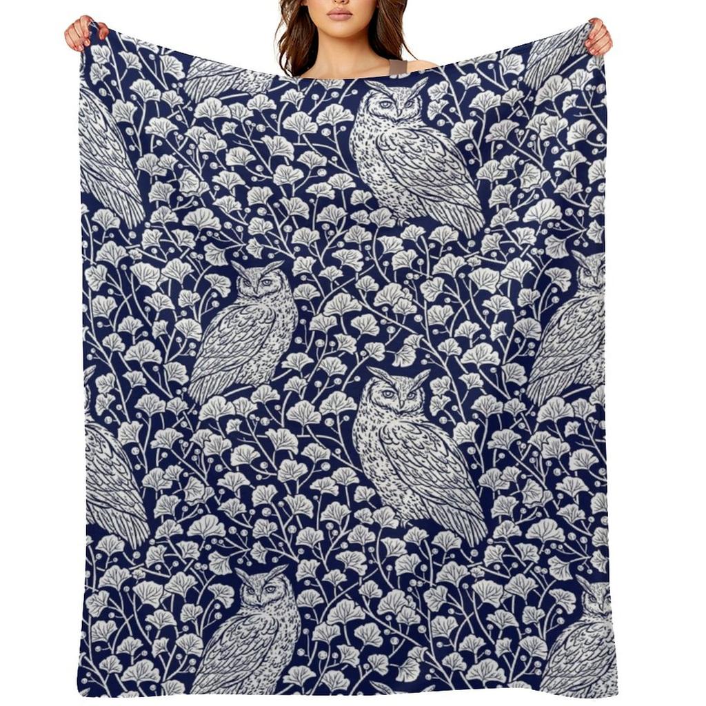 Winter Blue II - Owls and Gingko Leaves Throw Blanket Soft Plaid Shaggy Sofas Halloween Blankets