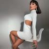 Frauen Kleidung Club Party Elegante Langarm Kette Sexy Backless Cut Out Bodycon Mini Kleid