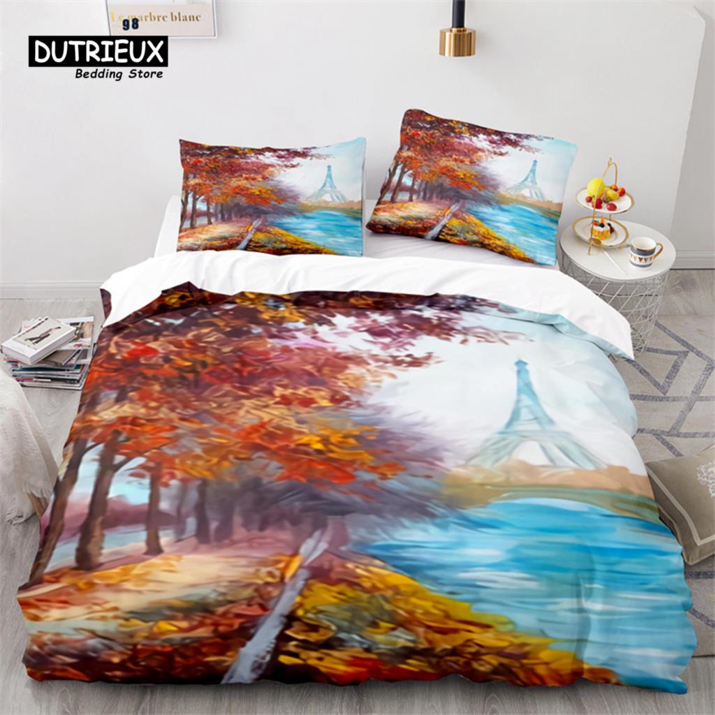 Eiffel Tower Duvet Cover Microfiber Paris Cityscape In The Clouds Bedding Set King Size For Kids Adults Romantic Comforter Cover
