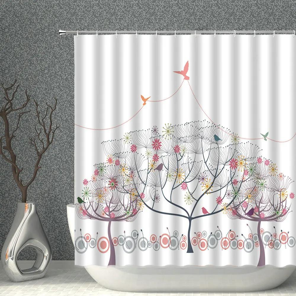 Chinese Flower And Bird Shower Curtain Green Plant Waterproof Cloth Polyester Bathroom  Curtains Home Suit With Hook W90XH180cm