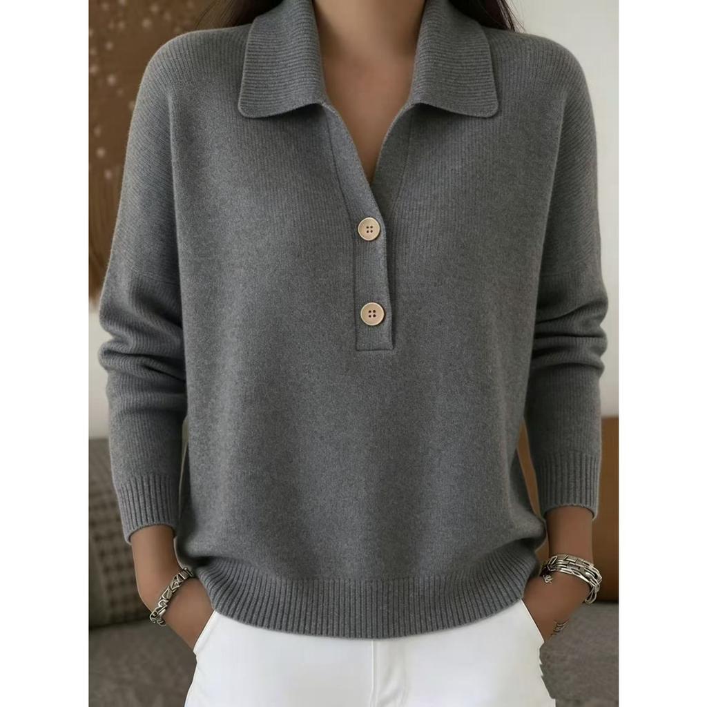 Herbst und Winter neuer Damenpullover Revers halb geöffneter Knopf locker lässiger Strickpullover