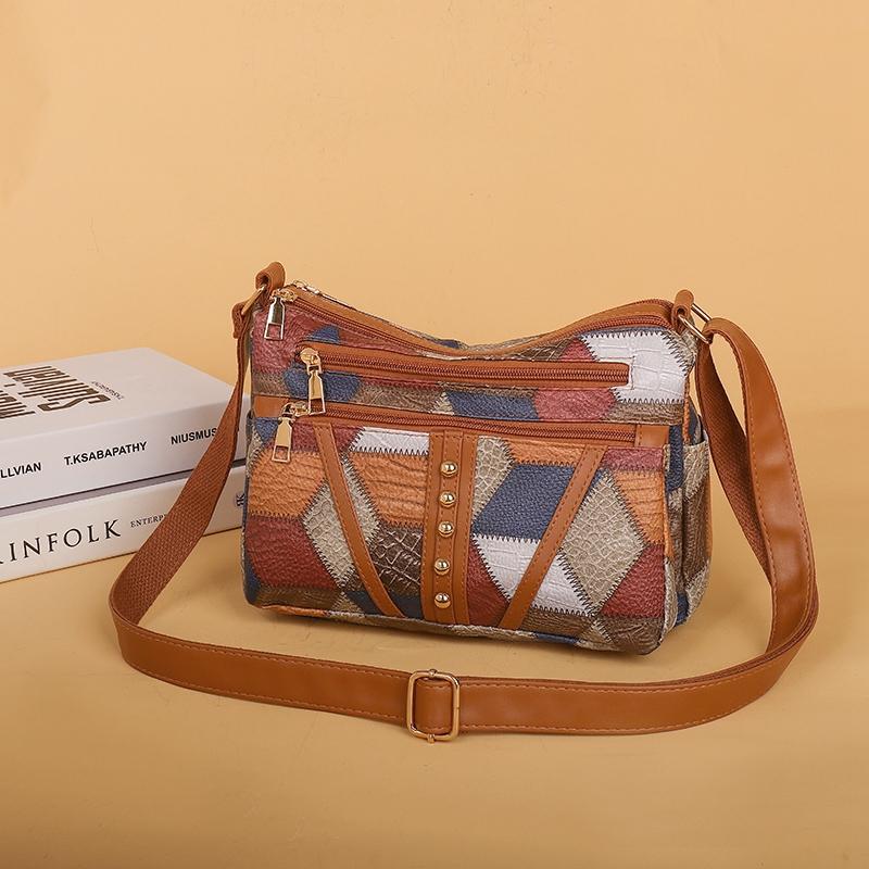 Middle-Aged Mother Bag Stitching Color Block Crossbody Bag Women Retro Multi-Compartment Large Capacity Shoulder Bag