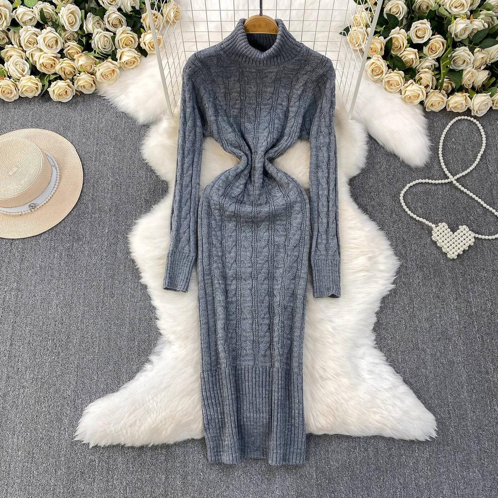 Gray Fashion Turtleneck Sweater Dress For Women New Autumn Winter Chic Long Sleeves A-Line Pullover Loose Knitted Dresses