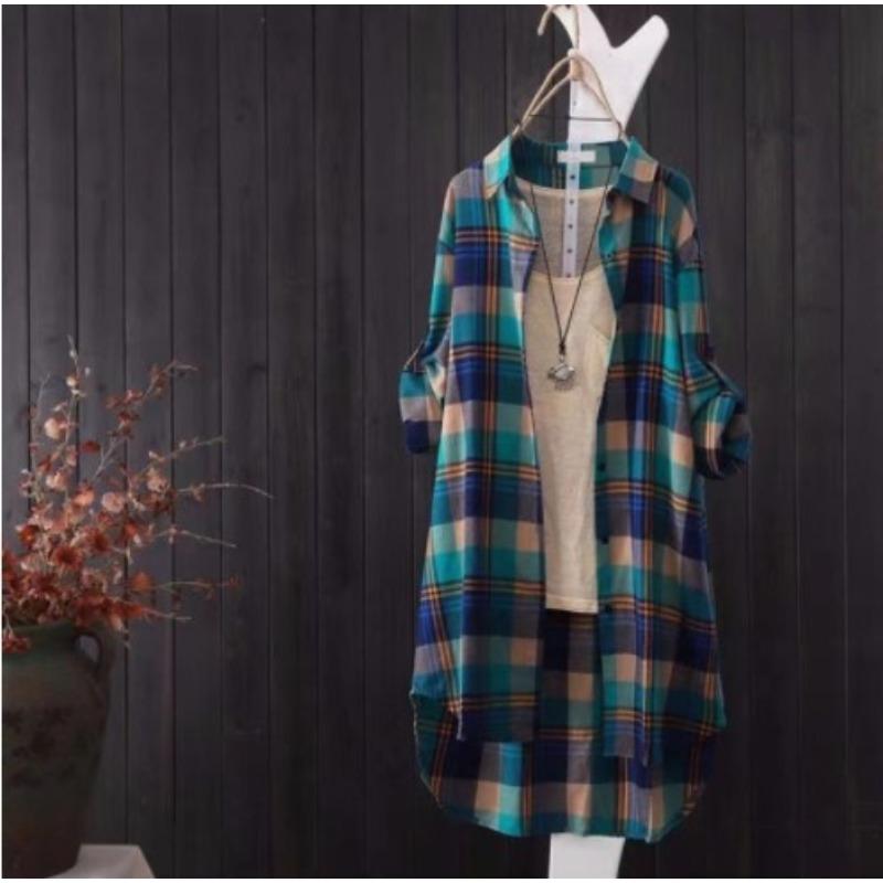 Jaro Podzim Středně dlouhá košile Kostkovaná košile Dámské Volné Velká velikost Dlouhý rukáv Opalovací krém Kabát Halenky a košile