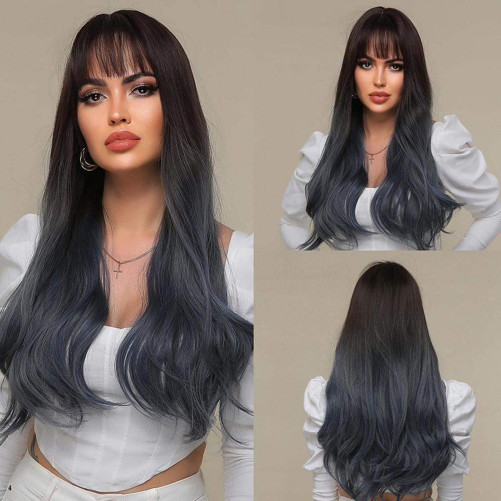 Women Long Body Wavy Synthetic HairTypeWigs Ash Gray Blonde Cosplay Party Lolita Wig with Bangs